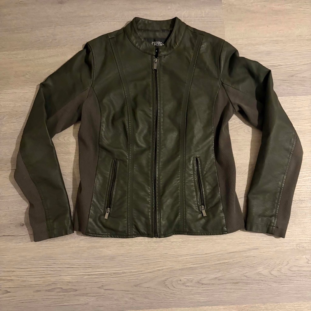 Northern Reflections Dark Olive Green Faux Leather Mixed Media Moto Jacket Chic - Picture 2 of 4